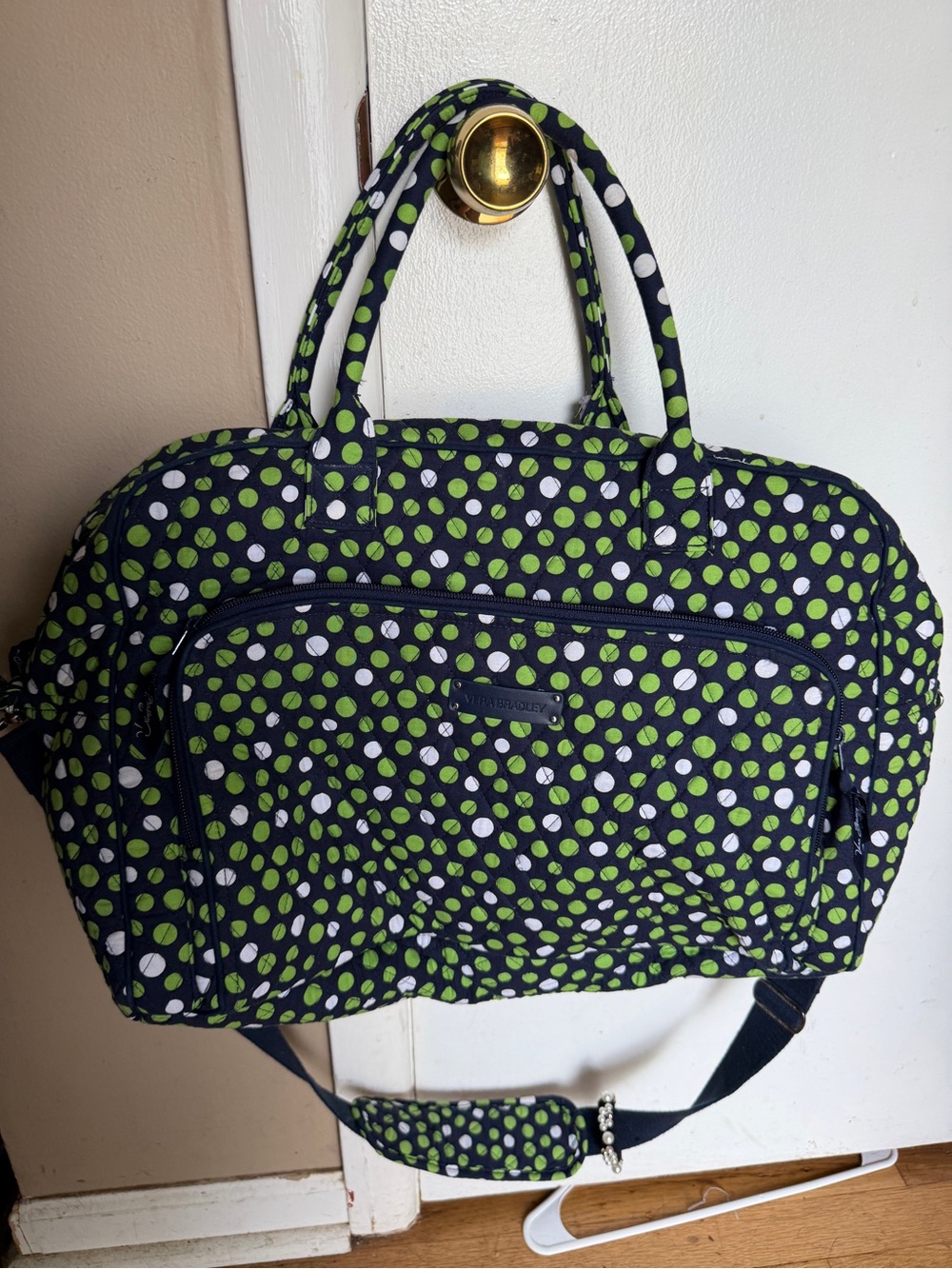 Vera Bradley Navy Quilted Tote with Lime Green & White Polka Dots